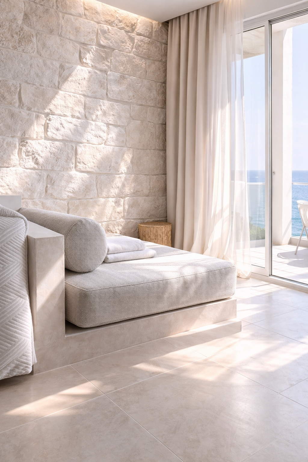 Lit Afytos stone wall with built-in sofa